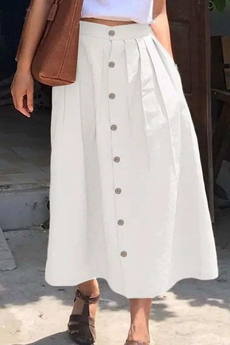 Chouyatou Women's High Waisted Button Front Skirt A-Line Pleated Cotton Midi Long Skirt with Pockets