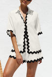 Chouyatou Womens 2 Piece Outfits Beach Vacation Lace Trim Short Sleeve Button Down Shirts and Shorts Lounge Pajama Sets