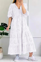 Chouyatou Women's Summer Loose Floral Lace Eyelet Dress Boho Casual Notch Neck Maxi Tunic Beach Dress