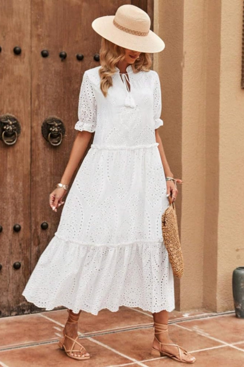 Chouyatou Women's Summer Boho Embroidery Eyelet Dress V-Neck Collared Tiered Midi Tunic Dress