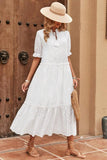 Chouyatou Women's Summer Boho Embroidery Eyelet Dress V-Neck Collared Tiered Midi Tunic Dress