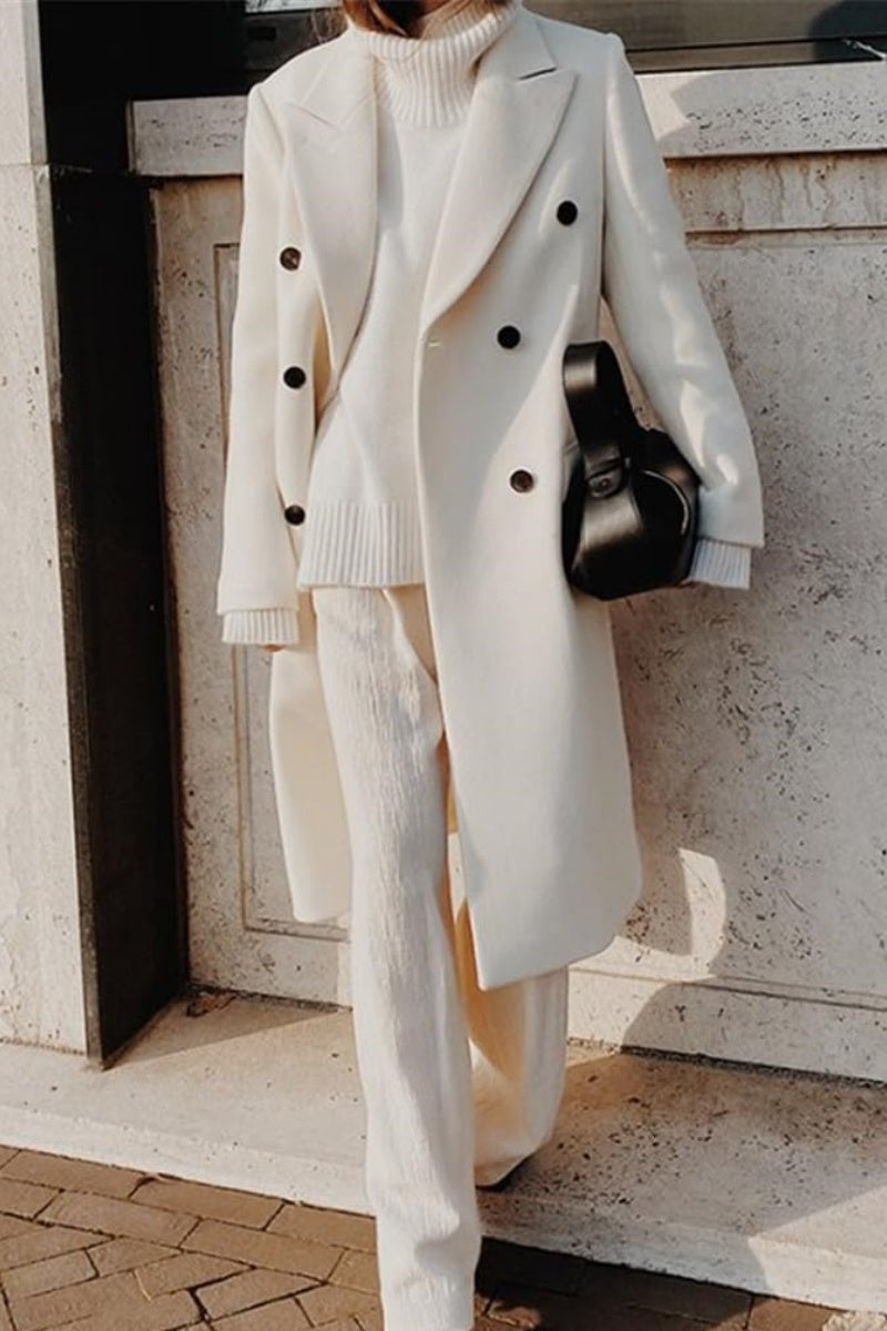 Chouyatou Women's Double Breasted Wool Coat Notched Lapel Collar Winter Pea Coat Overcoat Long Jackets
