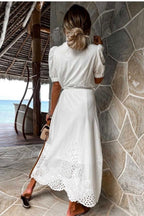 Chouyatou Women's Embroidered Eyelet Shirt Dresses Belted Puff Sleeve Button Down Swing Boho Cotton Maxi Shirt Dress