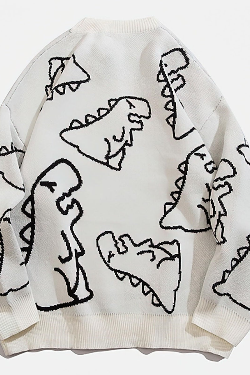Chouyatou Women's Dinosaur Graphic Sweaters Cartoon Kwaii Knit Crewneck Long Sleeve Oversized Pullover Jumpers
