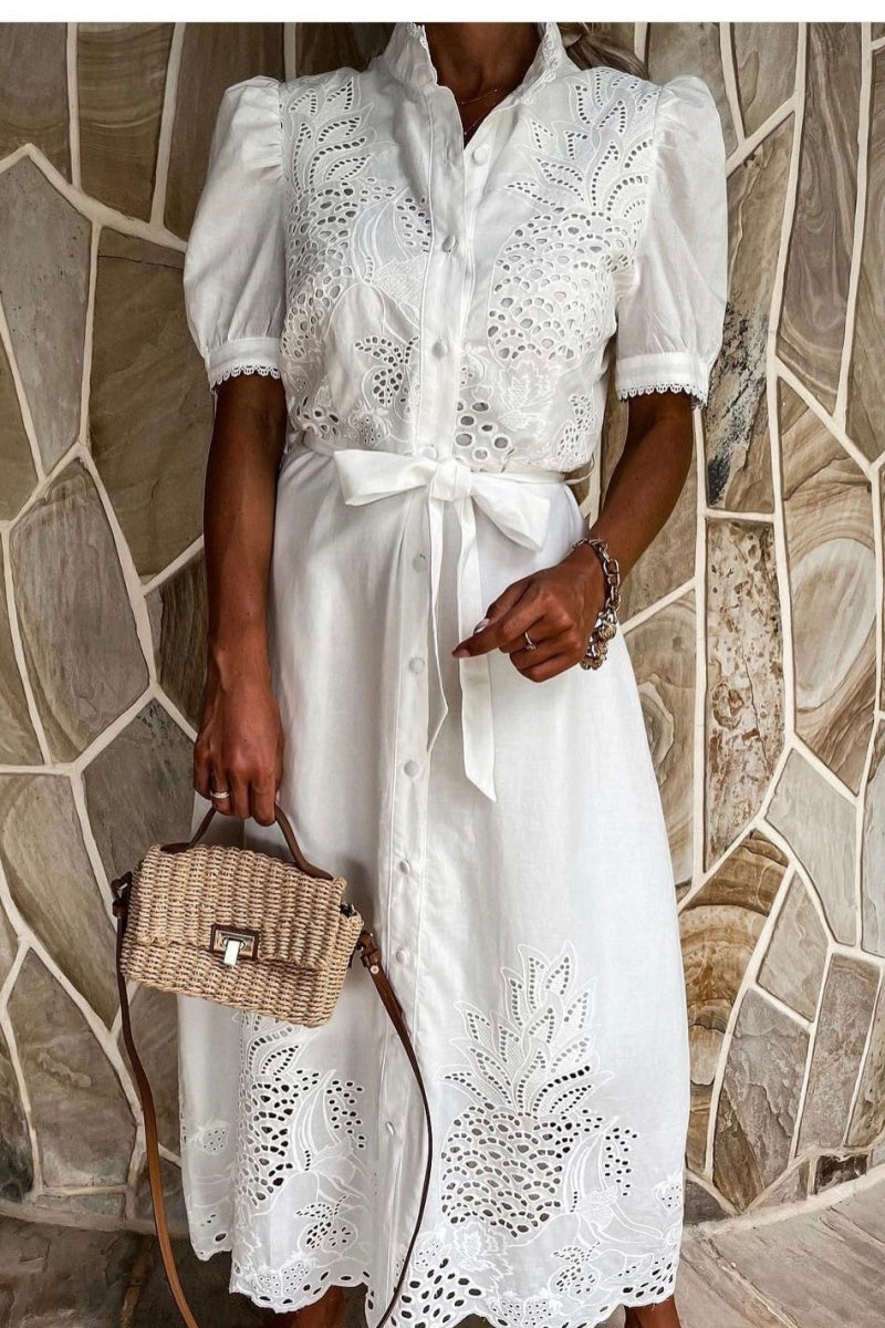 Chouyatou Women's Embroidered Eyelet Shirt Dresses Belted Puff Sleeve Button Down Swing Boho Cotton Maxi Shirt Dress