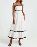Chouyatou Women Summer Dresses 2024 Spaghetti Straps Sleeveless Smocked Rickrack Trim Boho Flowy Loose A-Line Midi Dress