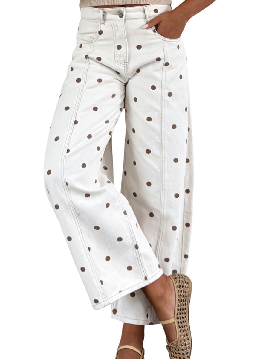CHOUYATOU Women's Polka Dot Pattern Barrel Jeans Boyfriend Y2K Casual Mid Rise Wide Leg Denim Pants