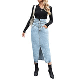Chouyatou Women's Midi Jean Skirt High Waisted Slit Hem Slim Fit Pencil Denim Skirt