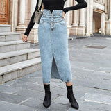 Chouyatou Women's Midi Jean Skirt High Waisted Slit Hem Slim Fit Pencil Denim Skirt