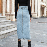 Chouyatou Women's Midi Jean Skirt High Waisted Slit Hem Slim Fit Pencil Denim Skirt