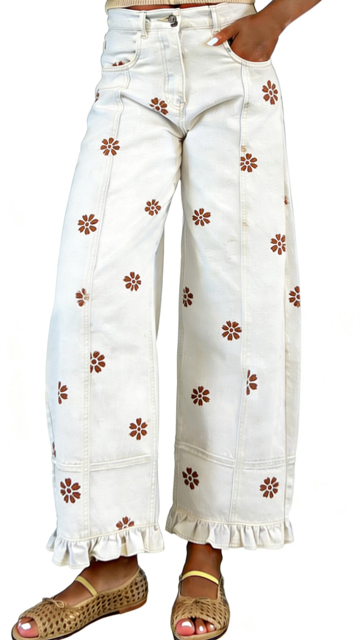 Chouyatou Barrel Jeans Women Floral Print Wide Leg Jeans Y2k Patchwork Baggy Boyfriend Denim Pants