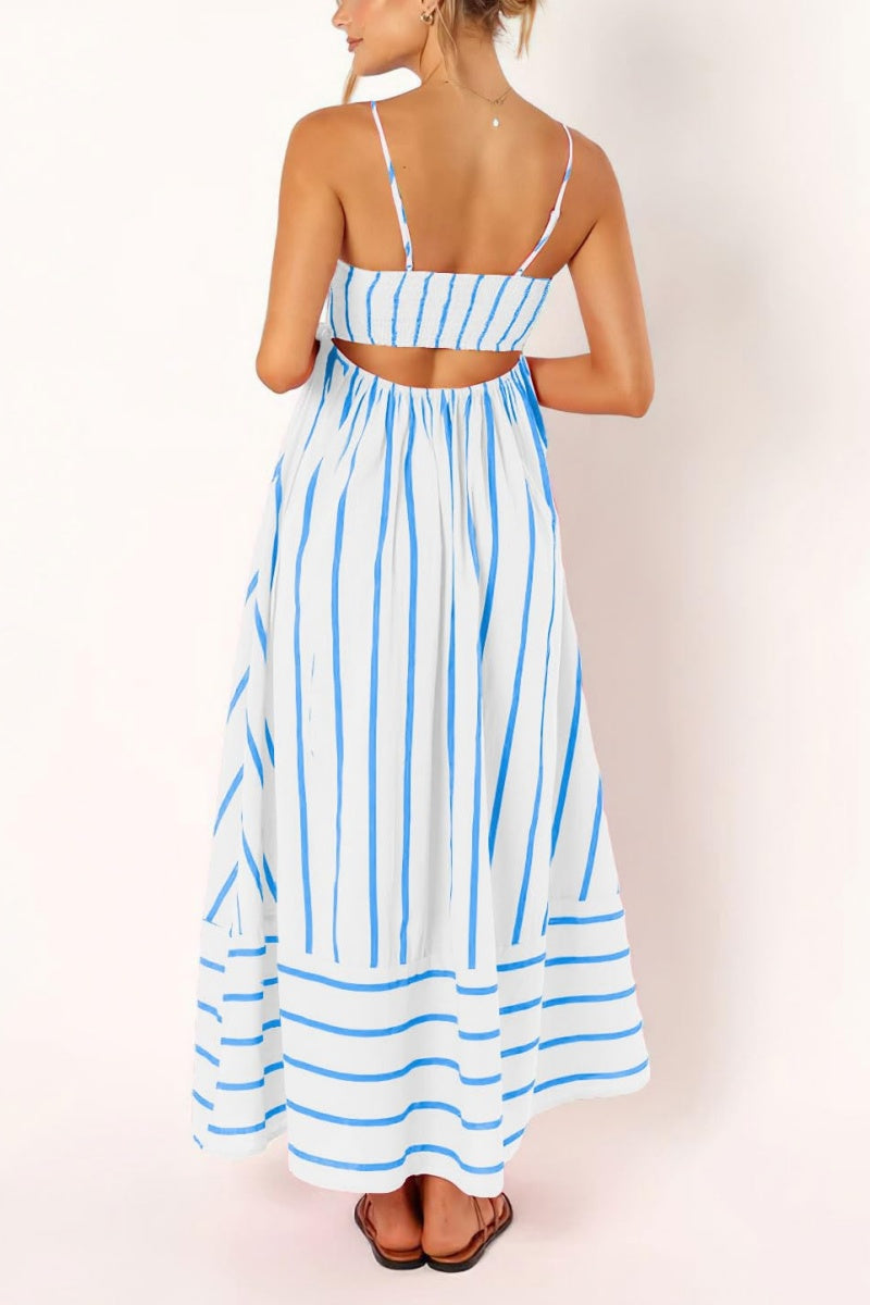Chouyatou Women's Striped Back Smocked Maxi Dress Sexy Spaghetti Strap Cut Out Flowy Swing Long Dress