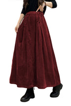 Chouyatou Women's Corduroy Maxi Skirt Elastic High Waist Drawstring Tie Front A-Line Pleated Long Skirt with Pockets