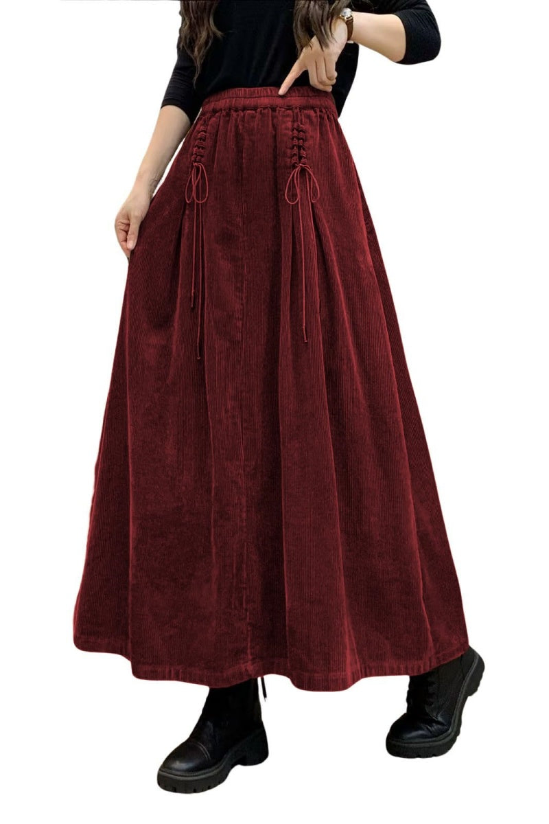 Chouyatou Women's Corduroy Maxi Skirt Elastic High Waist Drawstring Tie Front A-Line Pleated Long Skirt with Pockets