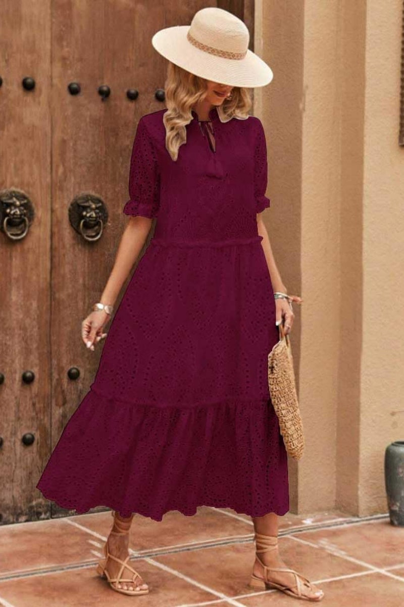 Chouyatou Women's Summer Boho Embroidery Eyelet Dress V-Neck Collared Tiered Midi Tunic Dress