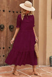 Chouyatou Women's Summer Boho Embroidery Eyelet Dress V-Neck Collared Tiered Midi Tunic Dress