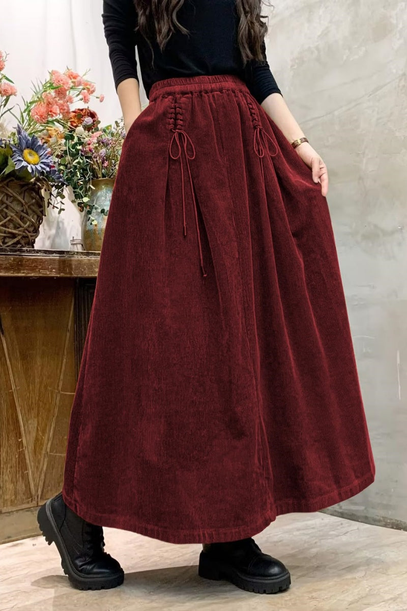 Chouyatou Women's Corduroy Maxi Skirt Elastic High Waist Drawstring Tie Front A-Line Pleated Long Skirt with Pockets