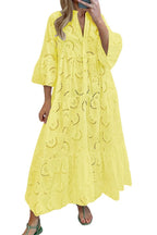Chouyatou Women's Lace Eyelet Embroidery Maxi Dress V-Neck Trumpet Sleeve Boho Flowy Swing Dress