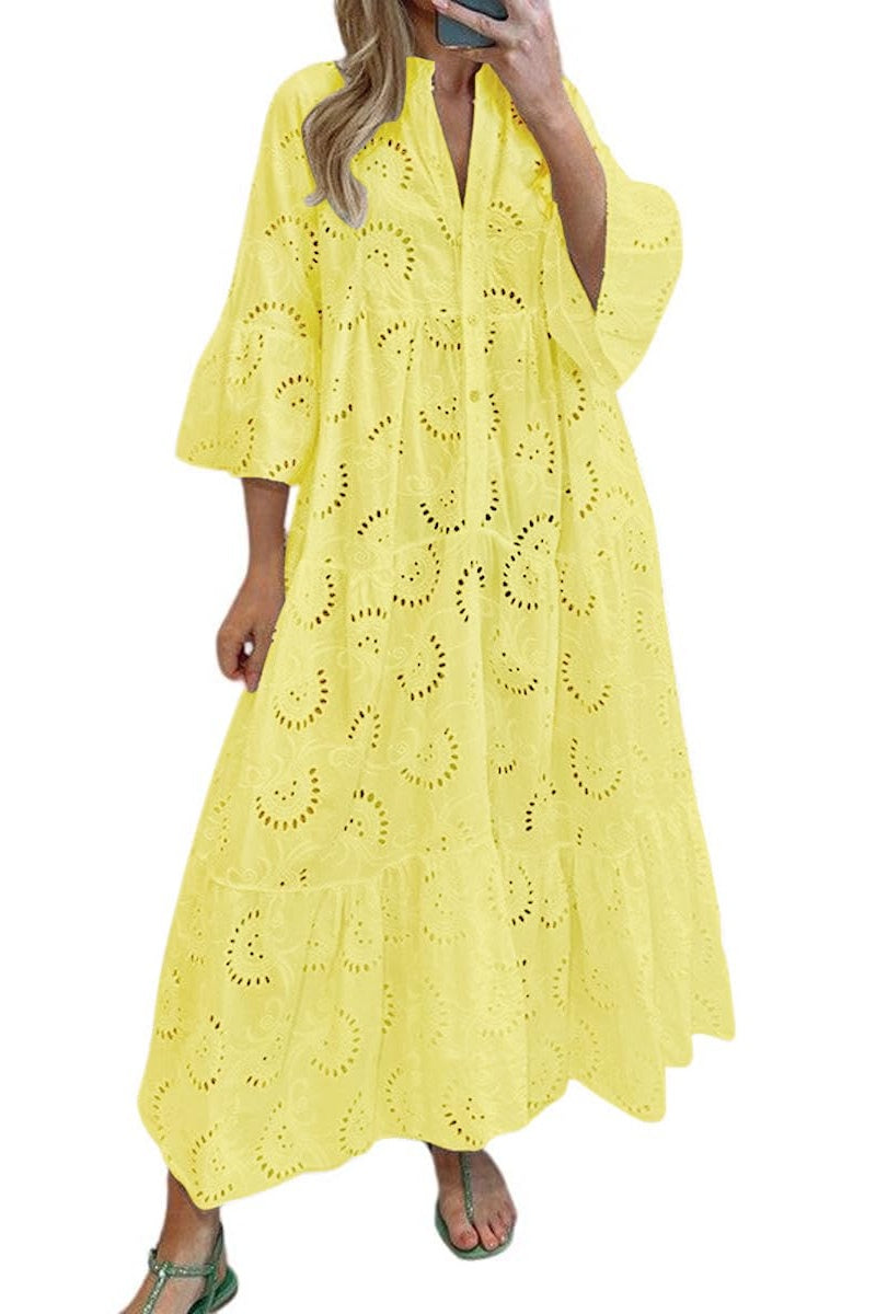 Chouyatou Women's Lace Eyelet Embroidery Maxi Dress V-Neck Trumpet Sleeve Boho Flowy Swing Dress