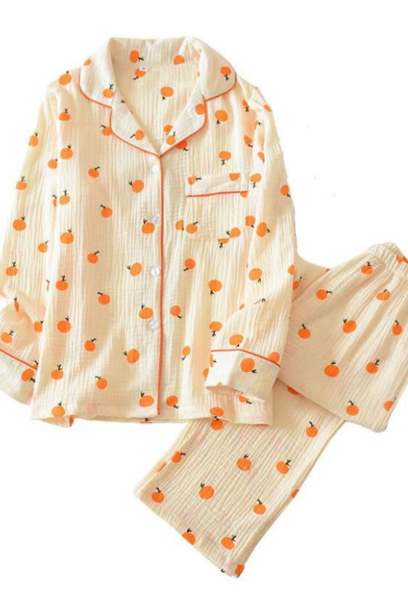 Chouyatou Womens Cotton Gauze Pajama Set Long Sleeve Button Up Shirt and Pants 2 Piece Cute Printed Pj Set