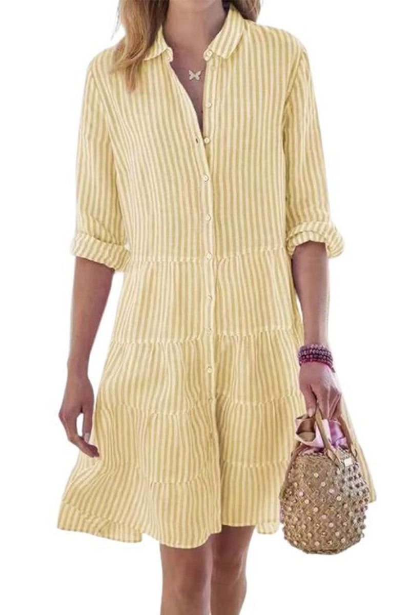 Chouyatou Womens Striped Button Down Midi Shirt Dress Casual Loose Cuffed Long Sleeve Mid Long Dresses