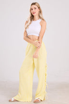 Chouyatou Womens Gingham Striped Wide Leg Pants Y2k Lounge Pants Lace Up Loose Trousers