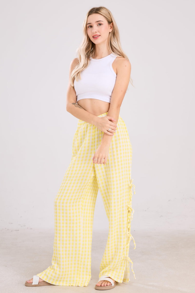 Chouyatou Womens Gingham Striped Wide Leg Pants Y2k Lounge Pants Lace Up Loose Trousers