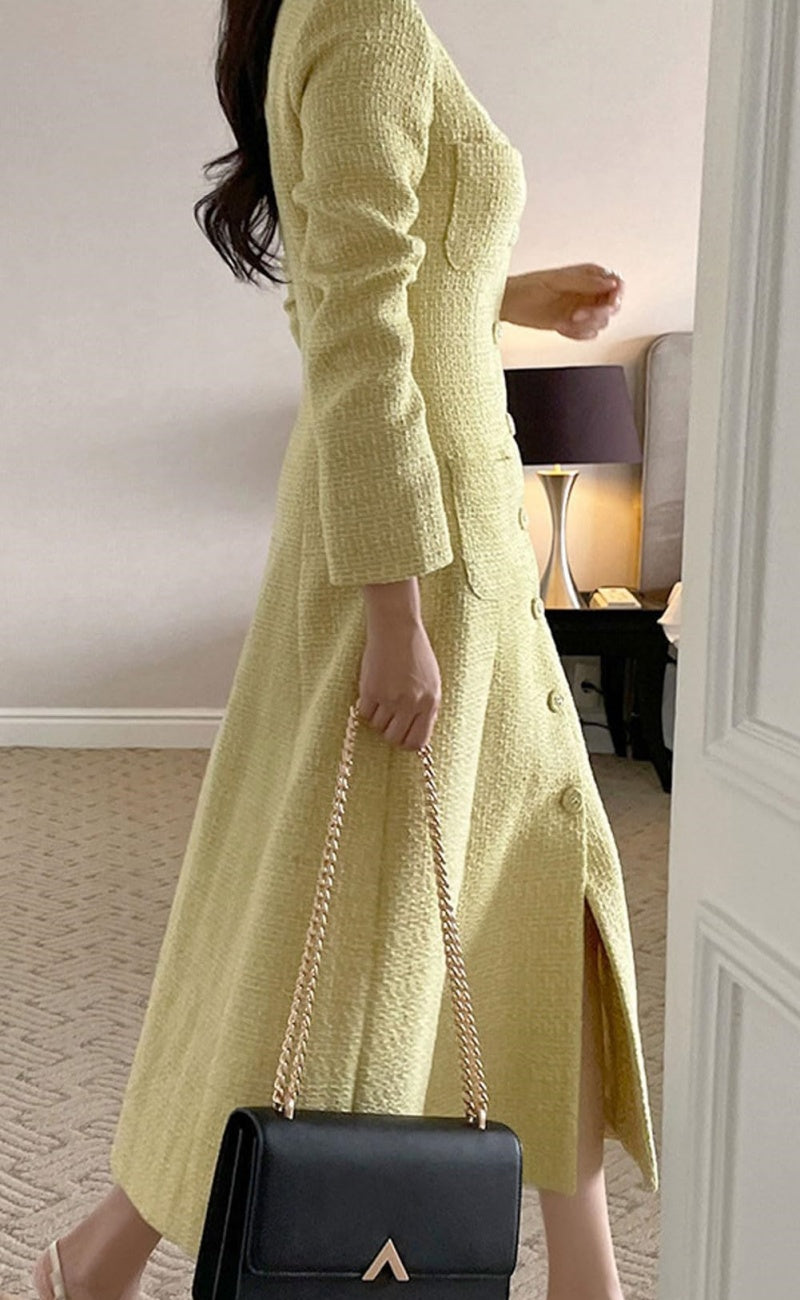Chouyatou Women Tweed Dress Long Sleeve Single Breast Elegant Lady Lon CHOUYATOU Chouyatou Women Tweed Dress Long Sleeve Single Breast Elegant Lady Lon CHOUYATOU