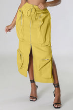 Chouyatou Women's Vintage 90s Drawstring Stretchy Zipper Muti-Pockets Pencil Long Cargo Skirt