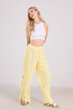 Chouyatou Womens Gingham Striped Wide Leg Pants Y2k Lounge Pants Lace Up Loose Trousers