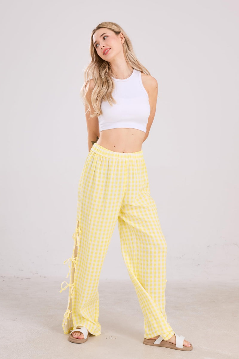 Chouyatou Womens Gingham Striped Wide Leg Pants Y2k Lounge Pants Lace Up Loose Trousers