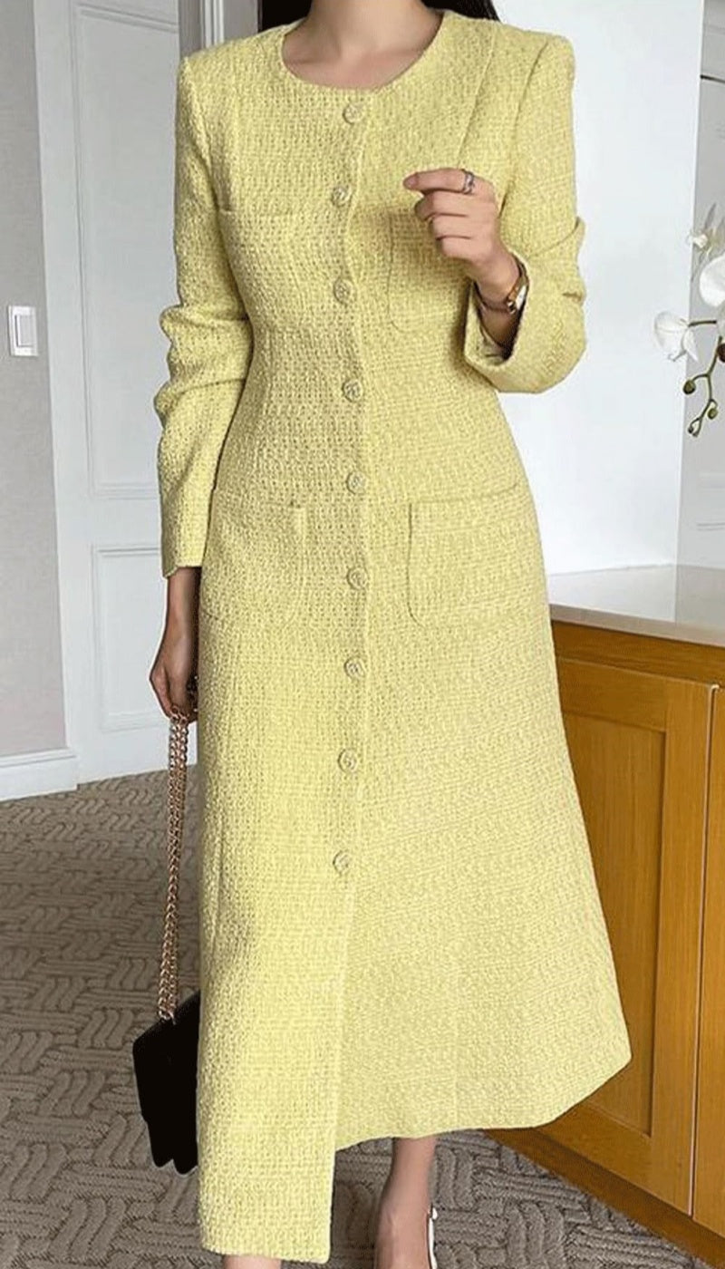 Chouyatou Women Tweed Dress Long Sleeve Single Breast Elegant Lady Lon CHOUYATOU Chouyatou Women Tweed Dress Long Sleeve Single Breast Elegant Lady Lon CHOUYATOU