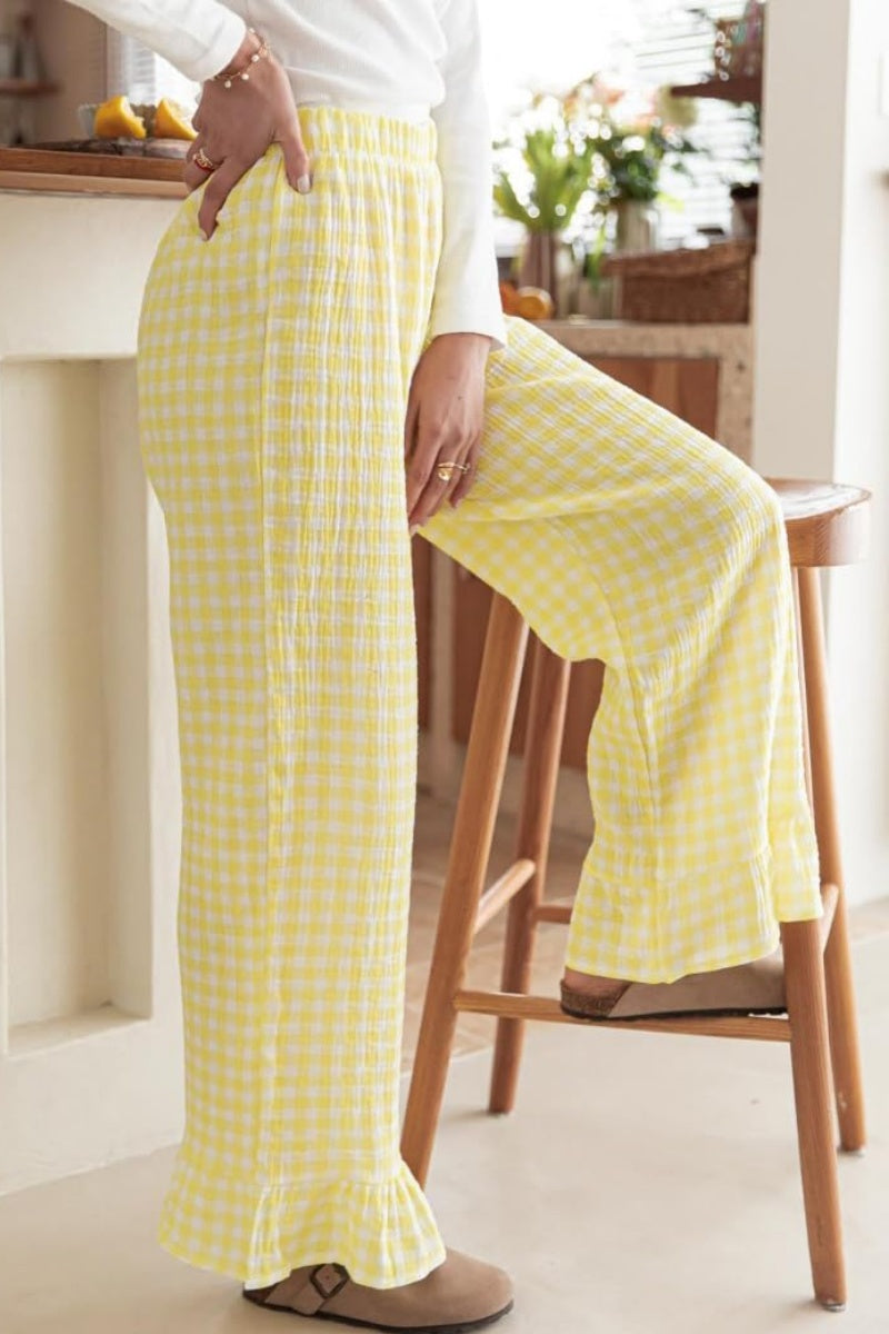 Chouyatou Womens Gingham Pants Wide Leg Lounge Pants Y2k Plaid Print Ruffle Hem Loose Trouser