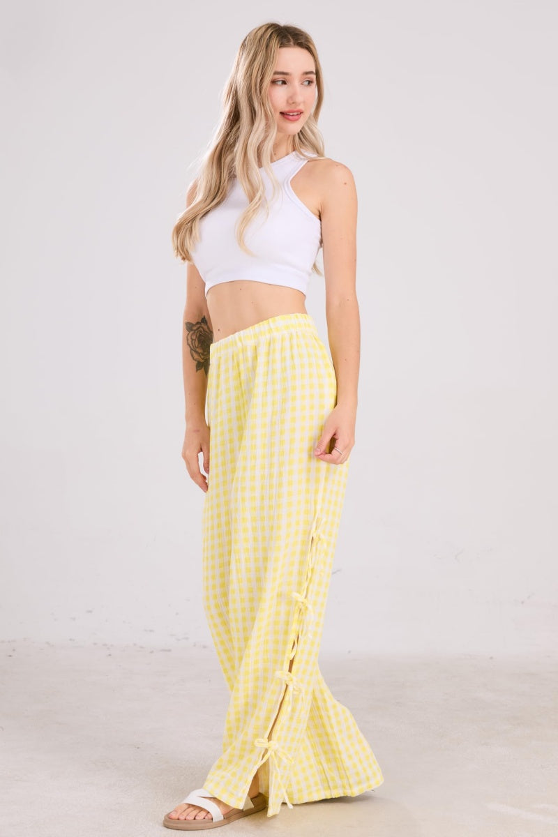 Chouyatou Womens Gingham Striped Wide Leg Pants Y2k Lounge Pants Lace Up Loose Trousers