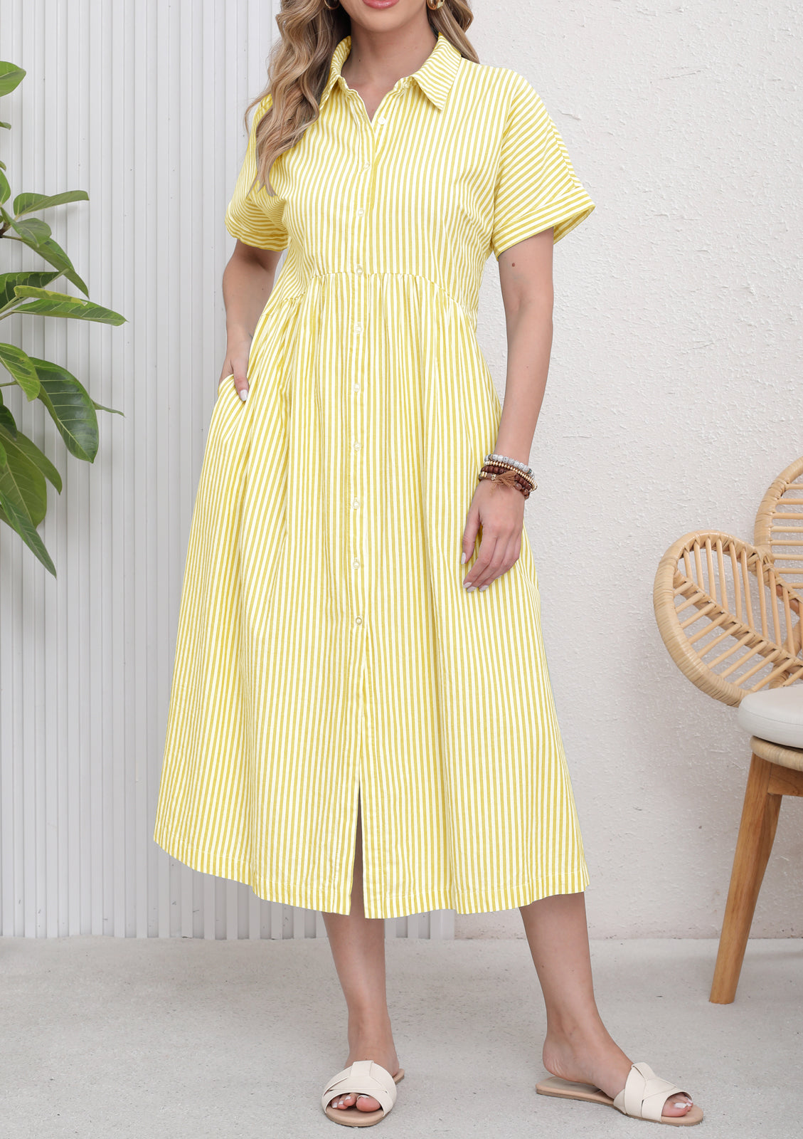 Chouyatou Women's Summer Striped Midi Long Shirt Dress Casual Loose Short Sleeve Button Down Dress