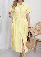 Chouyatou Women's Summer Striped Midi Long Shirt Dress Casual Loose Short Sleeve Button Down Dress