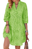 Chouyatou Women's 2025 Eyelet Lace Midi Dress V Neck Puff 3/4 Sleeve Button Tiered Sexy A Line Sun Dress