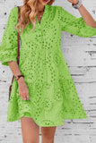Chouyatou Women's 2025 Eyelet Lace Midi Dress V Neck Puff 3/4 Sleeve Button Tiered Sexy A Line Sun Dress