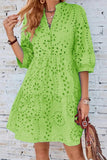 Chouyatou Women's 2025 Eyelet Lace Midi Dress V Neck Puff 3/4 Sleeve Button Tiered Sexy A Line Sun Dress