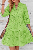 Chouyatou Women's 2025 Eyelet Lace Midi Dress V Neck Puff 3/4 Sleeve Button Tiered Sexy A Line Sun Dress