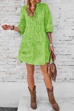 Chouyatou Women's 2025 Eyelet Lace Midi Dress V Neck Puff 3/4 Sleeve Button Tiered Sexy A Line Sun Dress