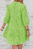 Chouyatou Women's 2025 Eyelet Lace Midi Dress V Neck Puff 3/4 Sleeve Button Tiered Sexy A Line Sun Dress