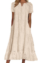 Chouyatou Women Summer Ruffle Hem Floral Lace Eyelet Dress Casual Notch Neck Midi Tunic Dress with Pocket