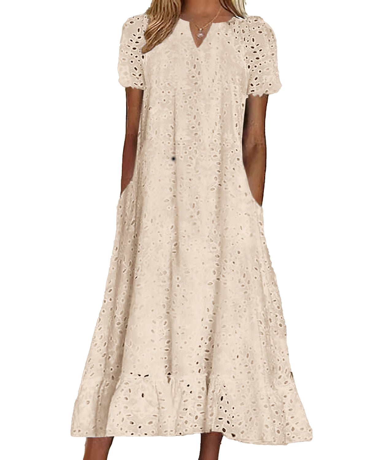Chouyatou Women Summer Ruffle Hem Floral Lace Eyelet Dress Casual Notch Neck Midi Tunic Dress with Pocket