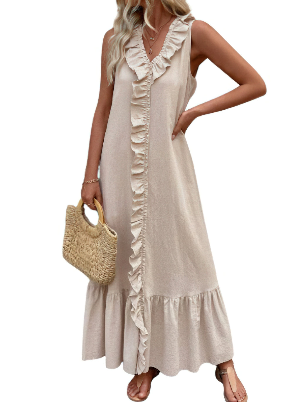 Chouyatou Women's Summer Beach Cotton Tank Dress Linen Boho Sleeveless Tiered Ruffle Maxi Long Sundress