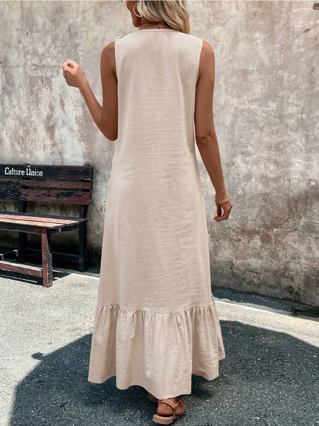 Chouyatou Women's Summer Beach Cotton Tank Dress Linen Boho Sleeveless Tiered Ruffle Maxi Long Sundress