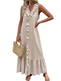 CHOUYATOU Women's Summer Beach Cotton Tank Dress Linen Boho Sleeveless Tiered Ruffle Maxi Long Sundress