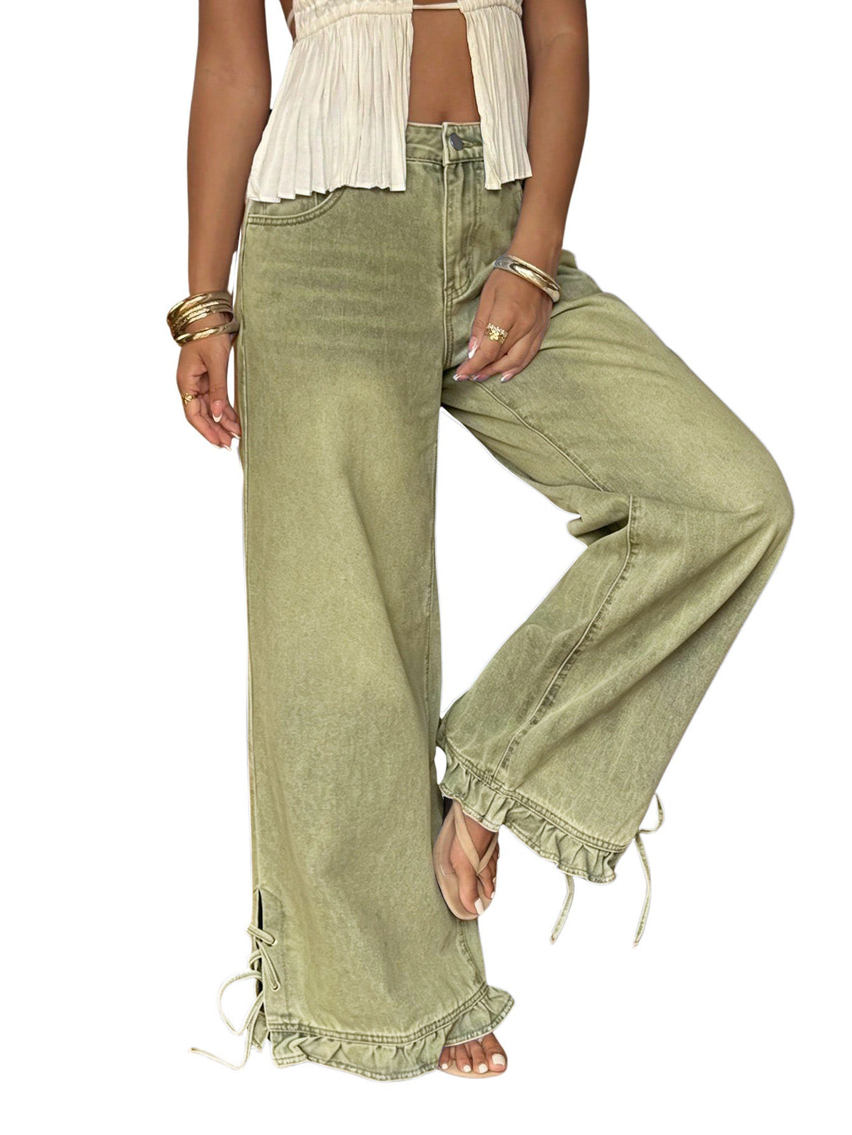 CHOUYATOU Women's Ruffle Hem Wide Leg Jeans Y2k Street Baggy Denim Pants | Flare Ruffled Bell Bottom, Side Lace Up Hem, Boyfriend Loose Baggy Fit, Vintage Washed Color, Y2k Street Wear Outfits