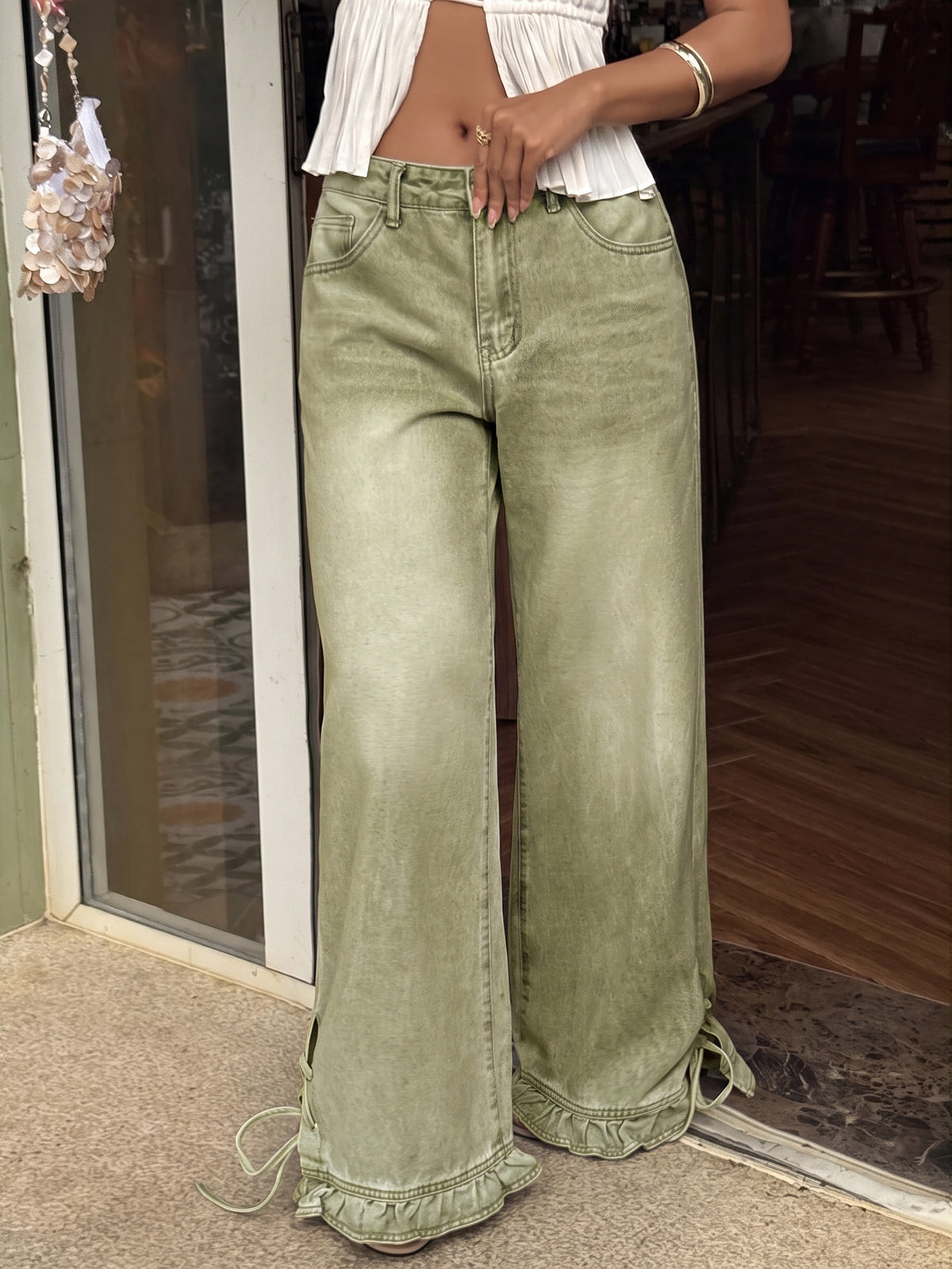 CHOUYATOU Women's Ruffle Hem Wide Leg Jeans Y2k Street Baggy Denim Pants | Flare Ruffled Bell Bottom, Side Lace Up Hem, Boyfriend Loose Baggy Fit, Vintage Washed Color, Y2k Street Wear Outfits