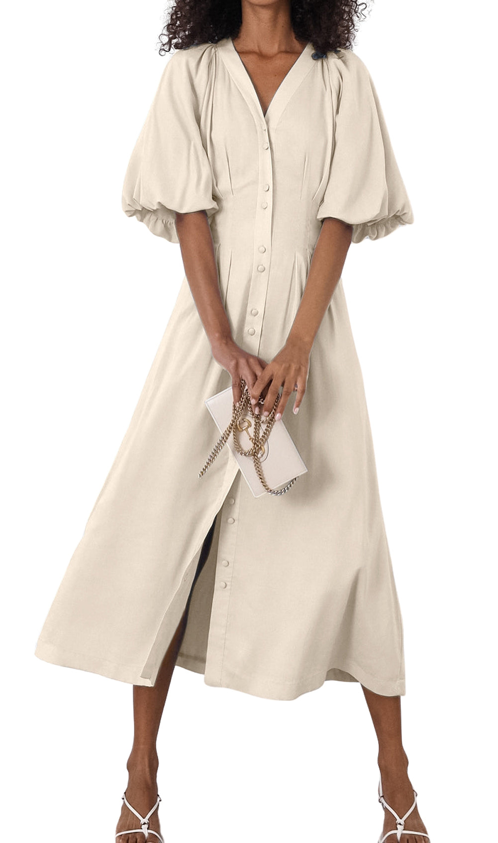 CHOUYATOU Women Summer Puff Sleeve Button Down Shirt Dress Flowy Elegant Business Casual Midi Long Dress